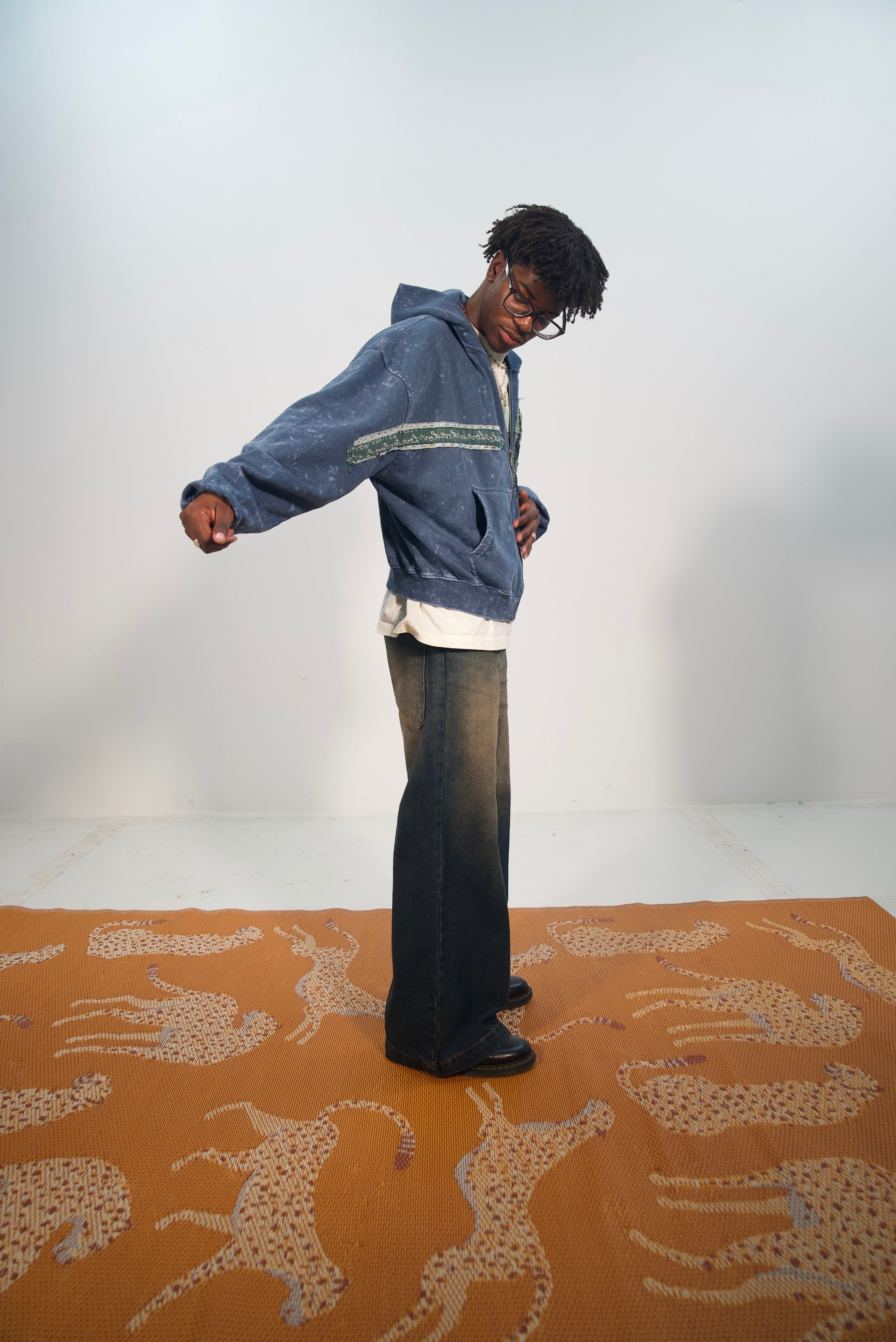 Hand-Stitched Portrait and Abstract Design on Blue Cropped Zip-Up Hoodie by Little b • Unisex • 2XL