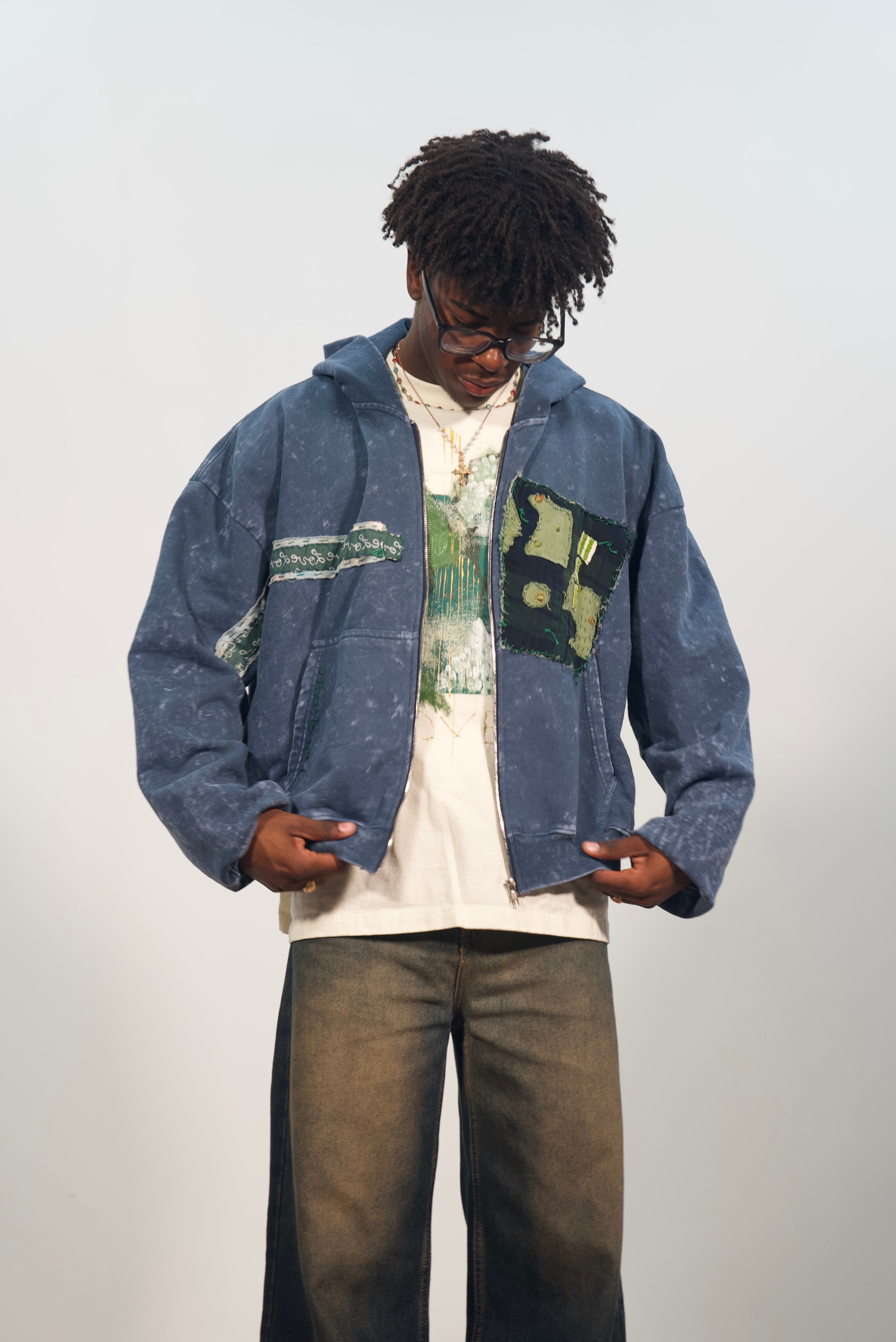 Hand-Stitched Portrait and Abstract Design on Blue Cropped Zip-Up Hoodie by Little b • Unisex • 2XL