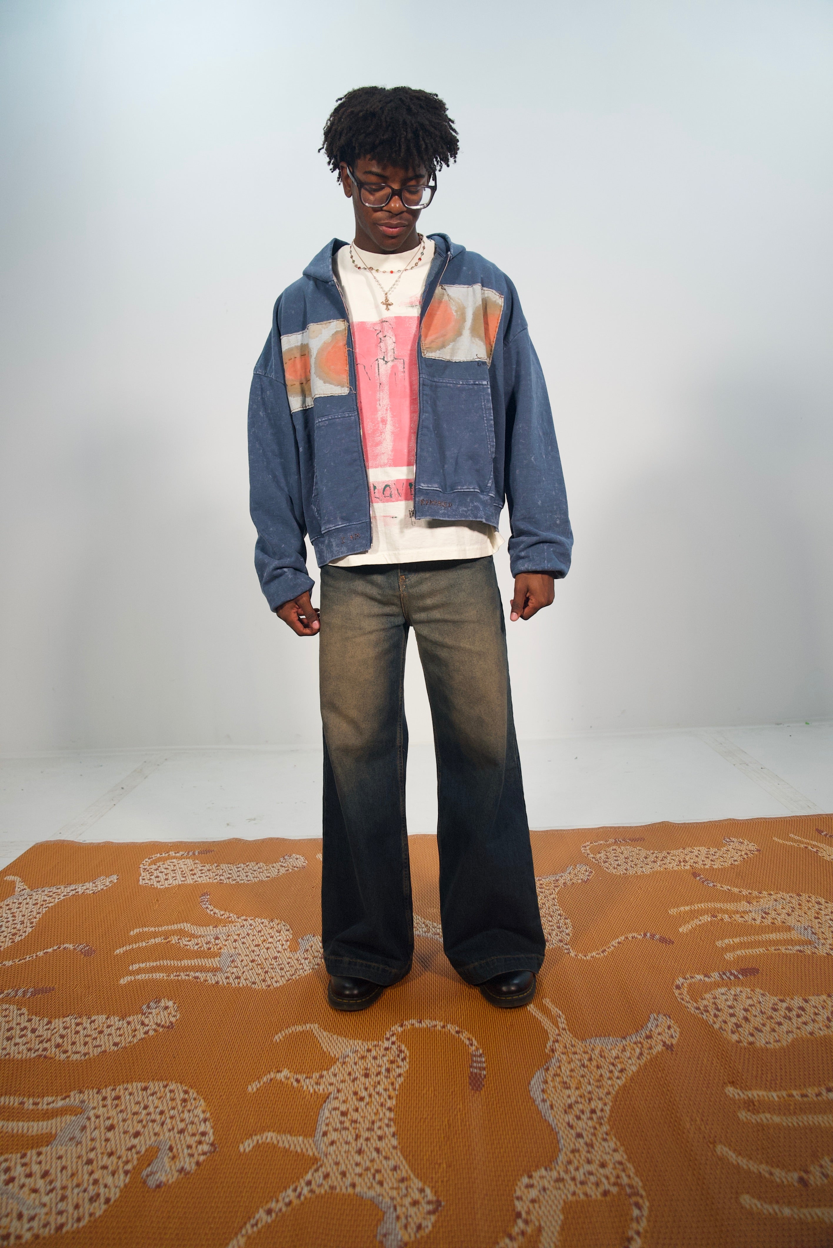 Hand-Stitched Design on Blue Cropped Zip-Up Hoodie by Little b • Unisex • L