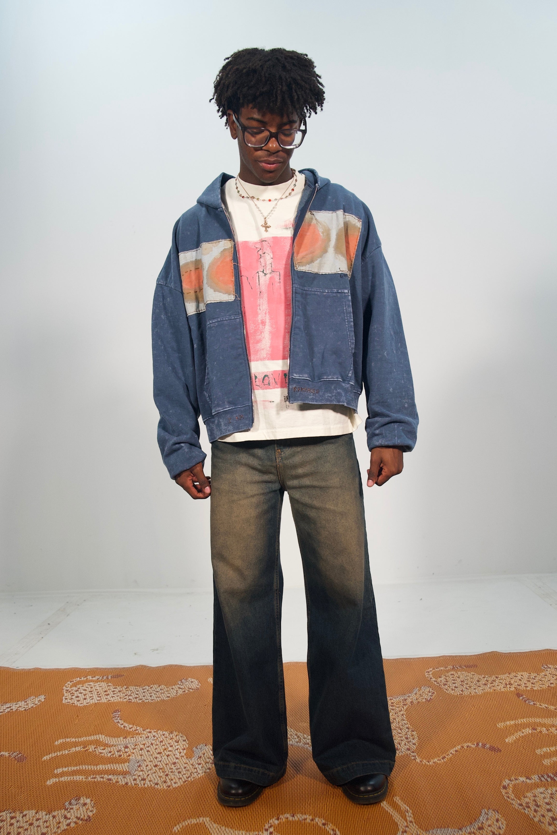Hand-Stitched Design on Blue Cropped Zip-Up Hoodie by Little b • Unisex • L