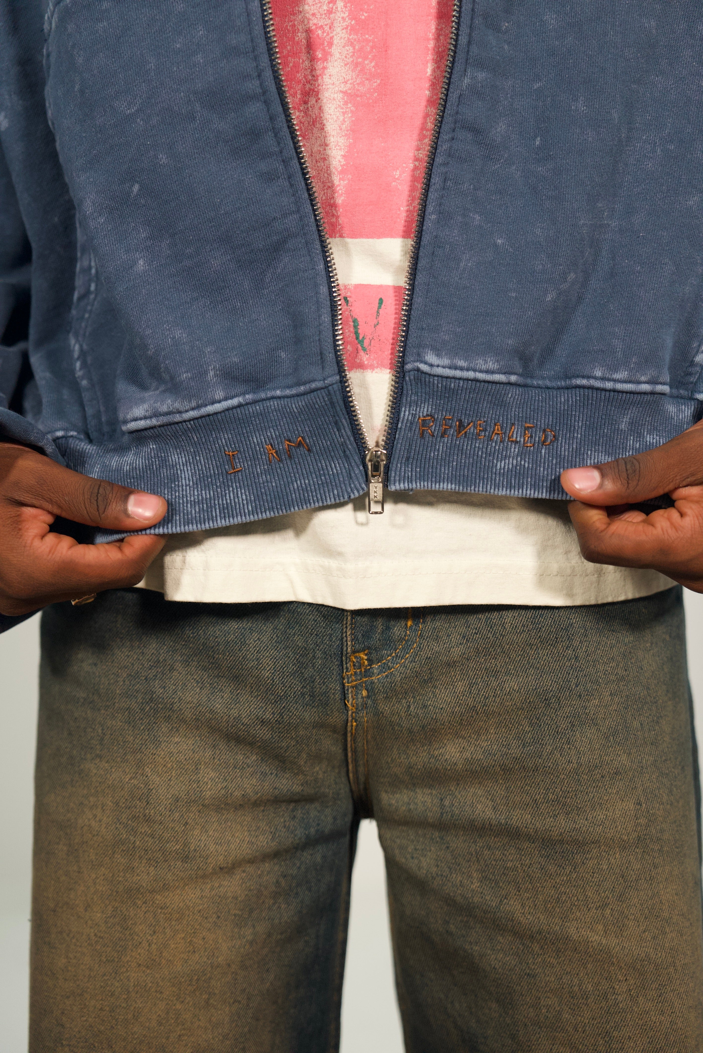 Hand-Stitched Design on Blue Cropped Zip-Up Hoodie by Little b • Unisex • L