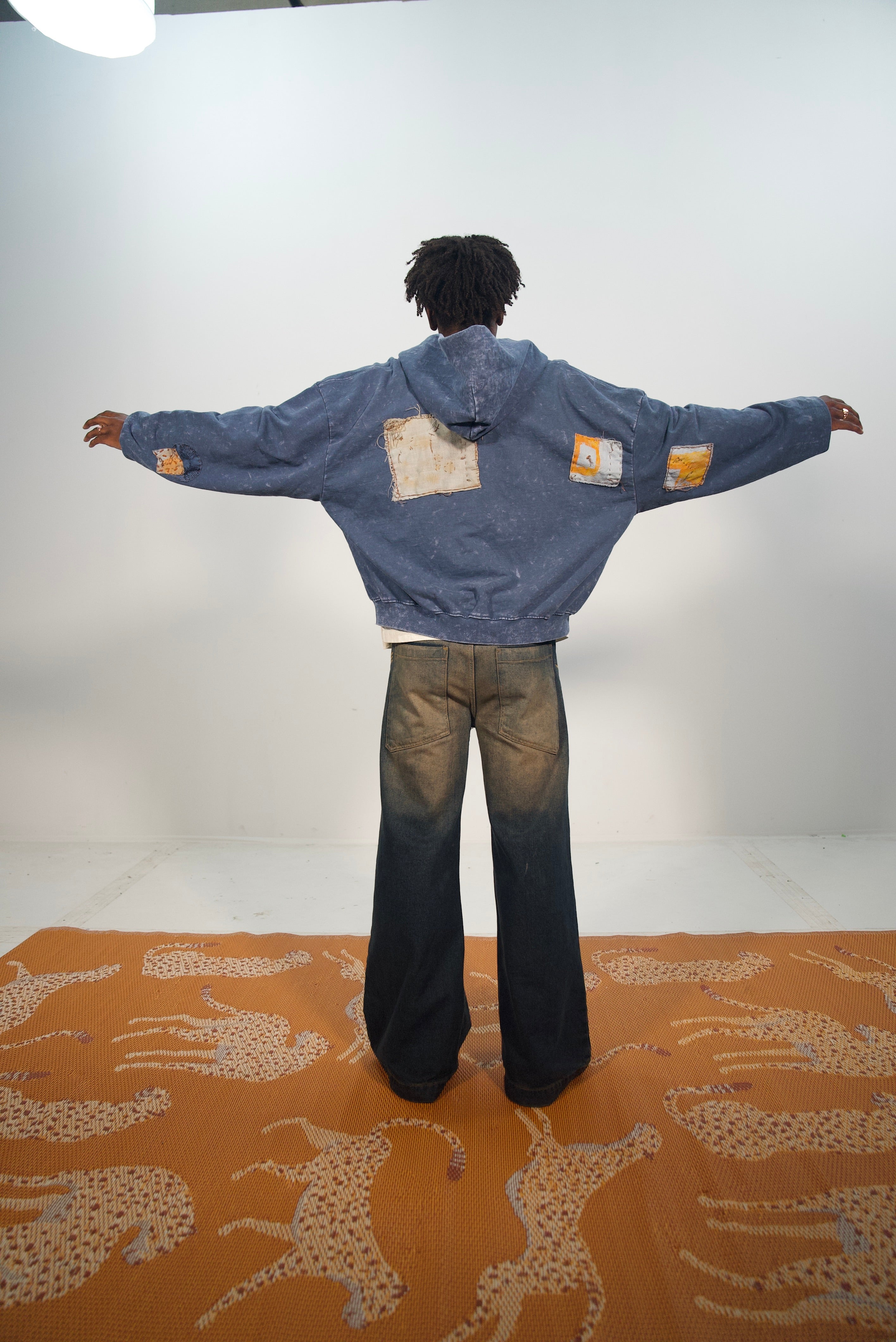 Hand-Stitched Design on Blue Cropped Zip-Up Hoodie by Little b • Unisex • L