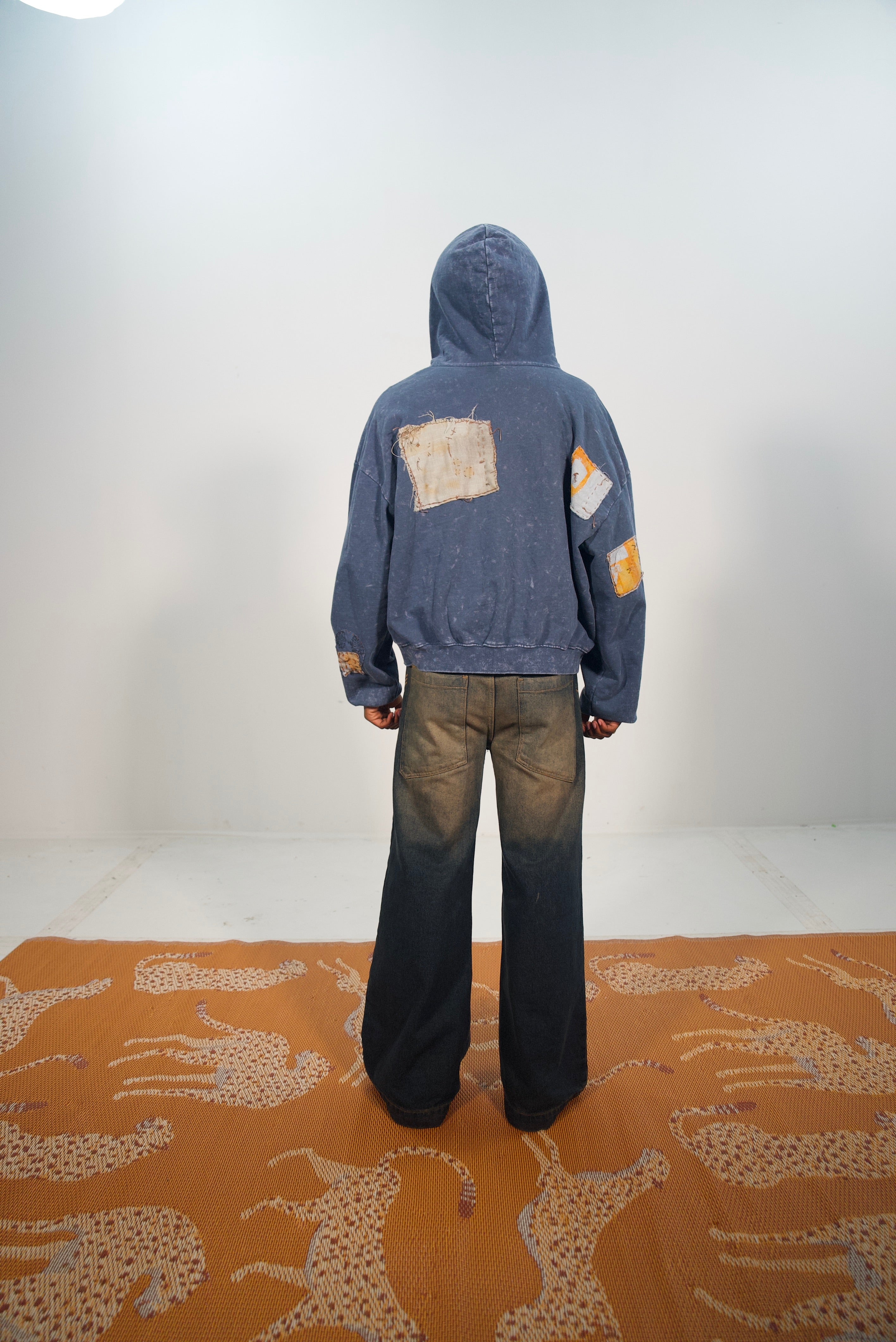 Hand-Stitched Design on Blue Cropped Zip-Up Hoodie by Little b • Unisex • L