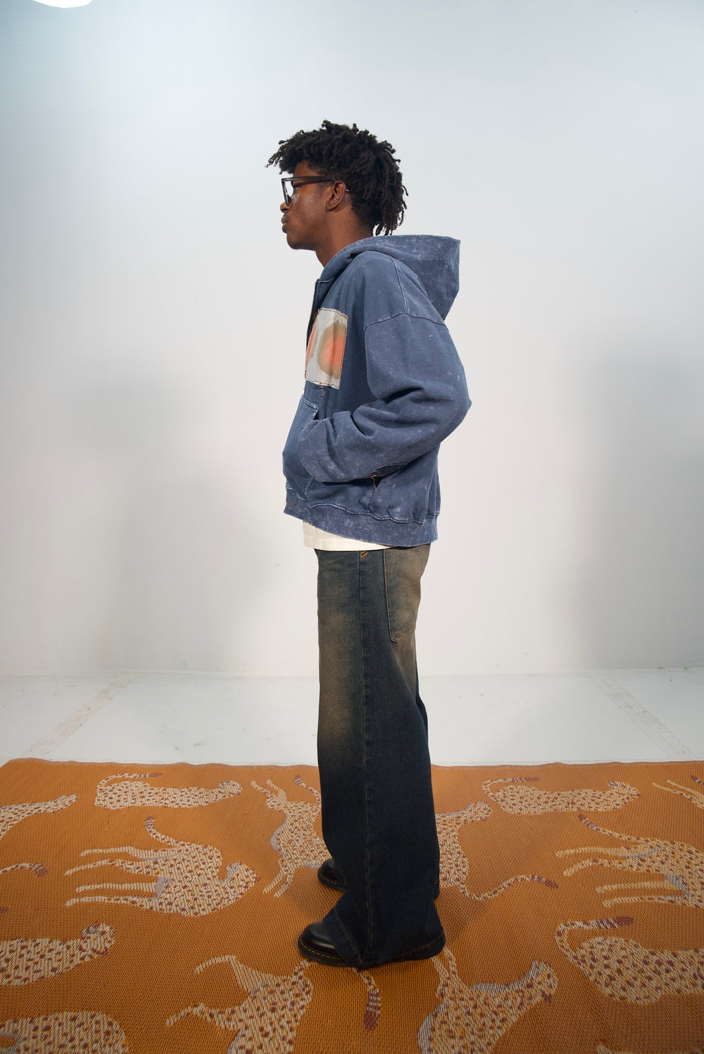 Hand-Stitched Design on Blue Cropped Zip-Up Hoodie by Little b • Unisex • L