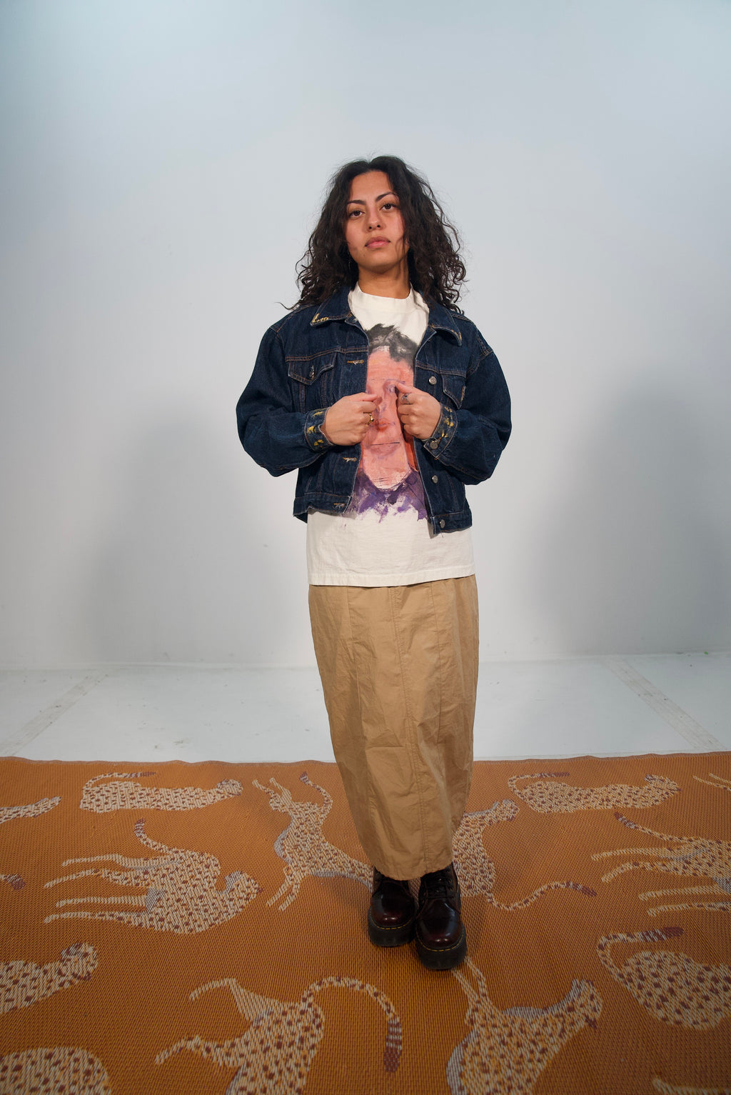 Hand-Painted and Stitched Abstract on Denim Jacket by Little b • Unisex • Cropped • M