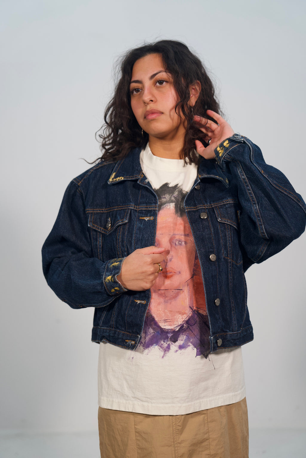 Hand-Painted and Stitched Abstract on Denim Jacket by Little b • Unisex • Cropped • M