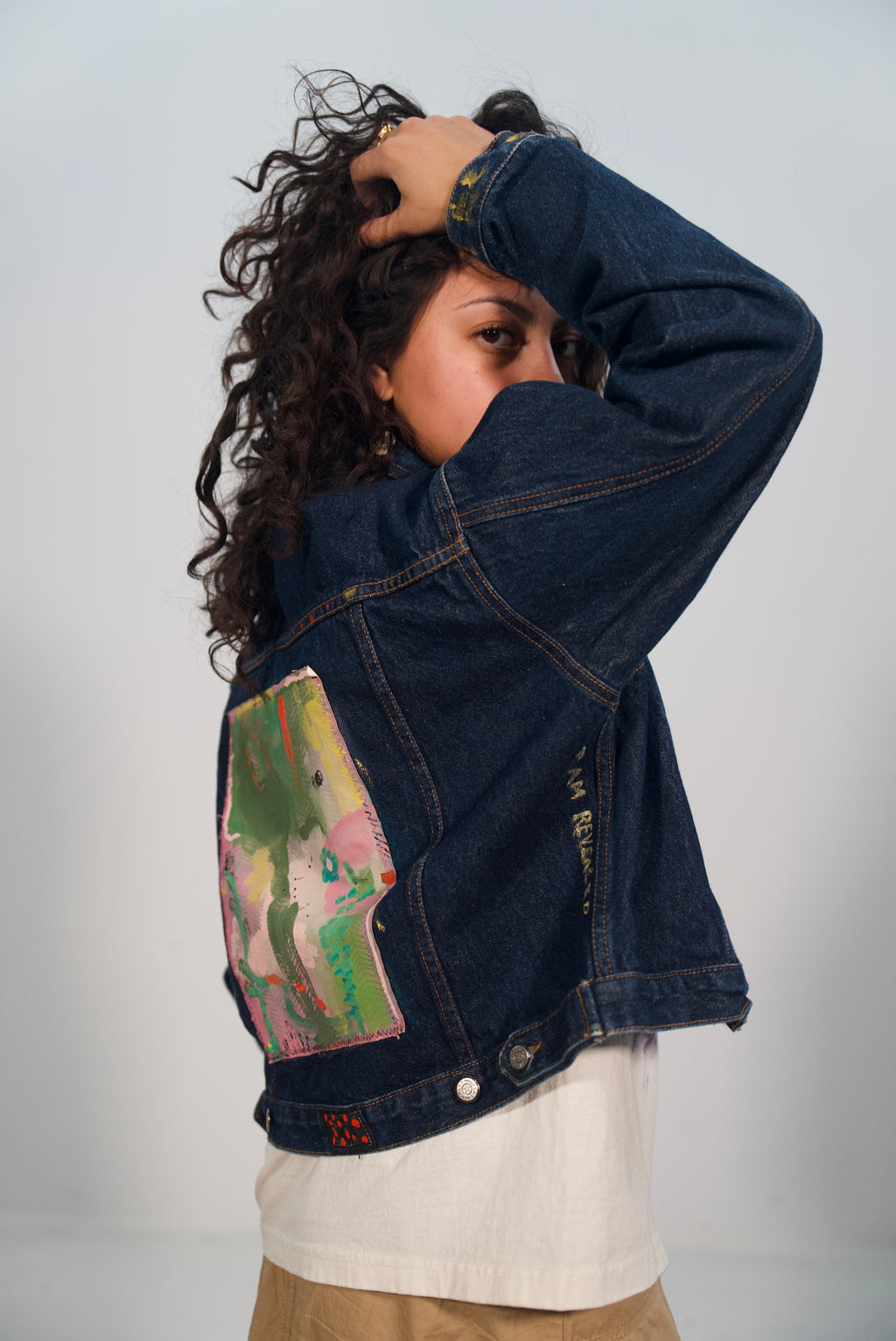 Hand-Painted and Stitched Abstract on Denim Jacket by Little b • Unisex • Cropped • M