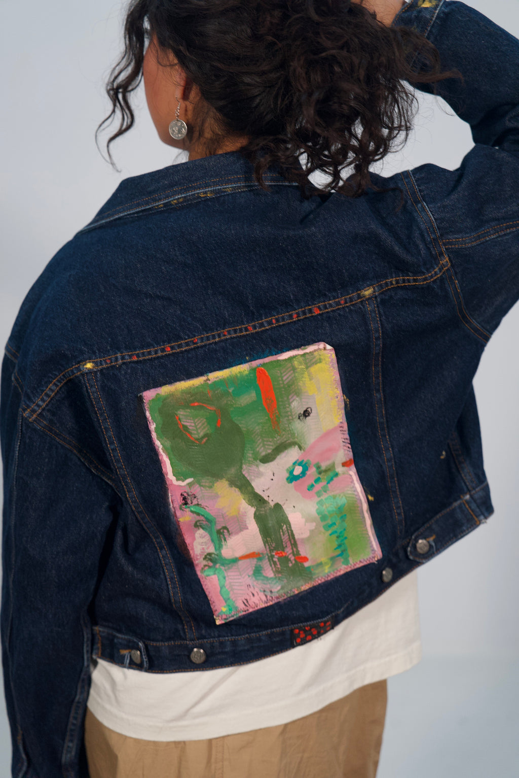 Hand-Painted and Stitched Abstract on Denim Jacket by Little b • Unisex • Cropped • M