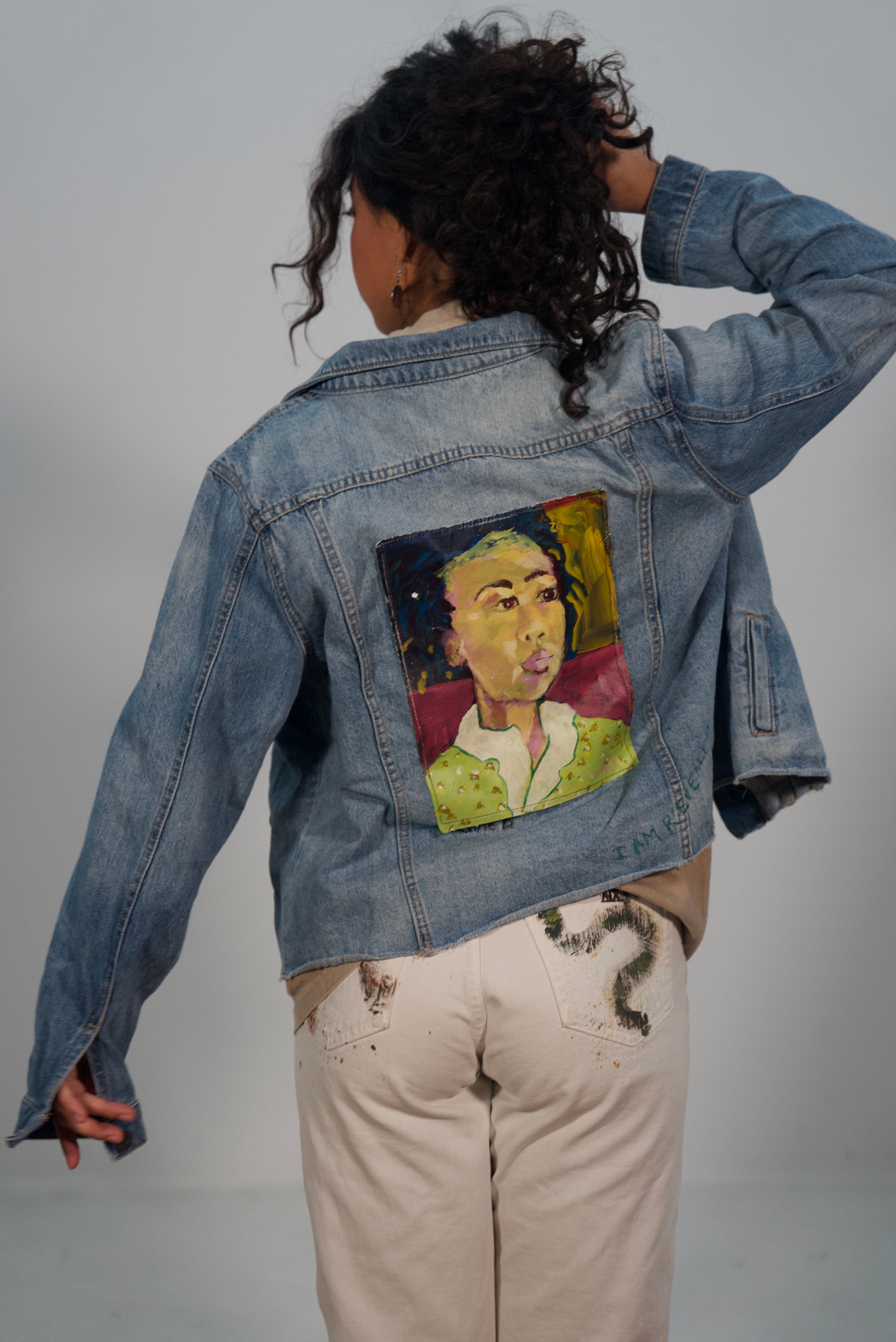 Hand-Painted and Stitched Portrait Design on Denim Jacket by Little b • Unisex • M