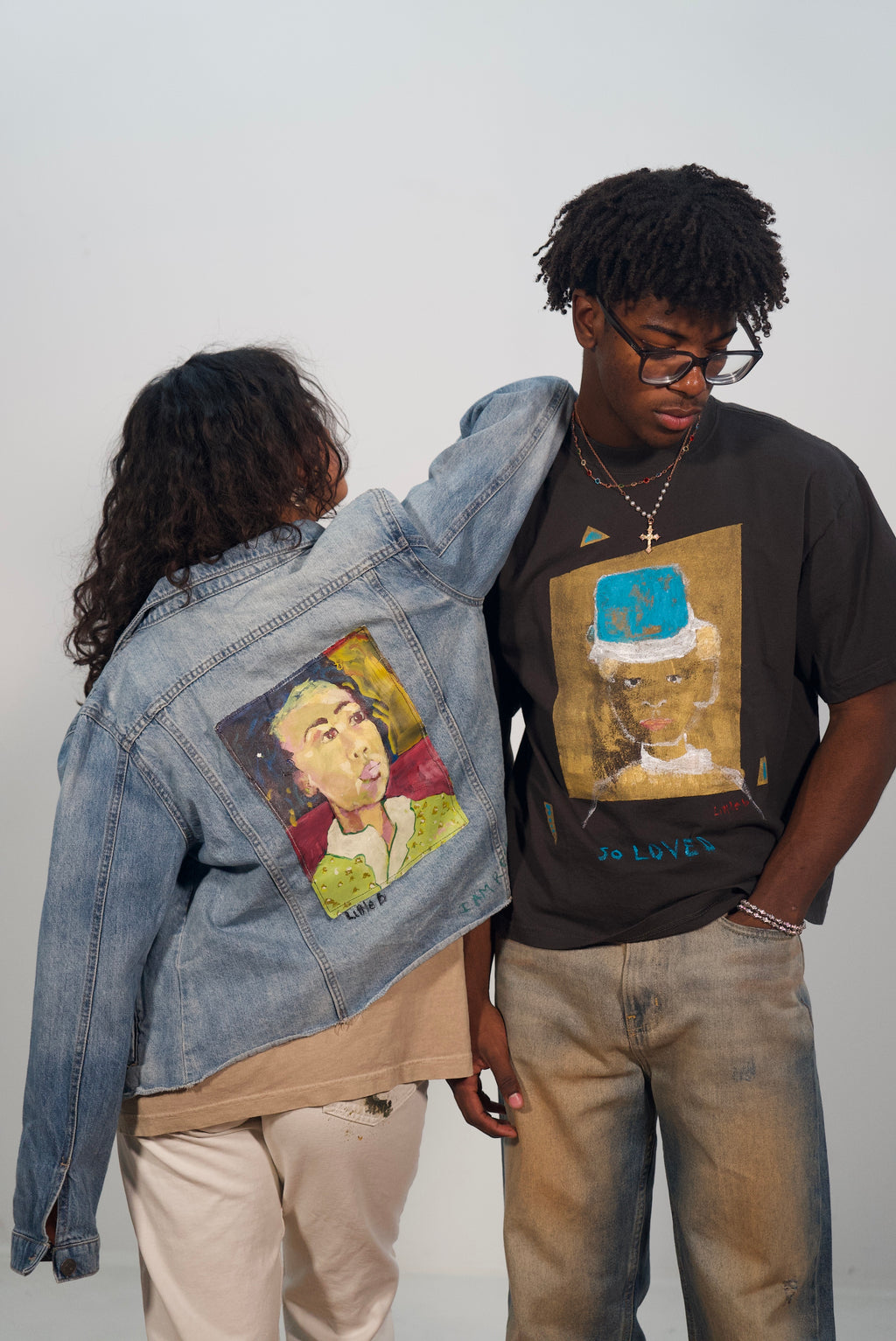 Hand-Painted and Stitched Portrait Design on Denim Jacket by Little b • Unisex • M
