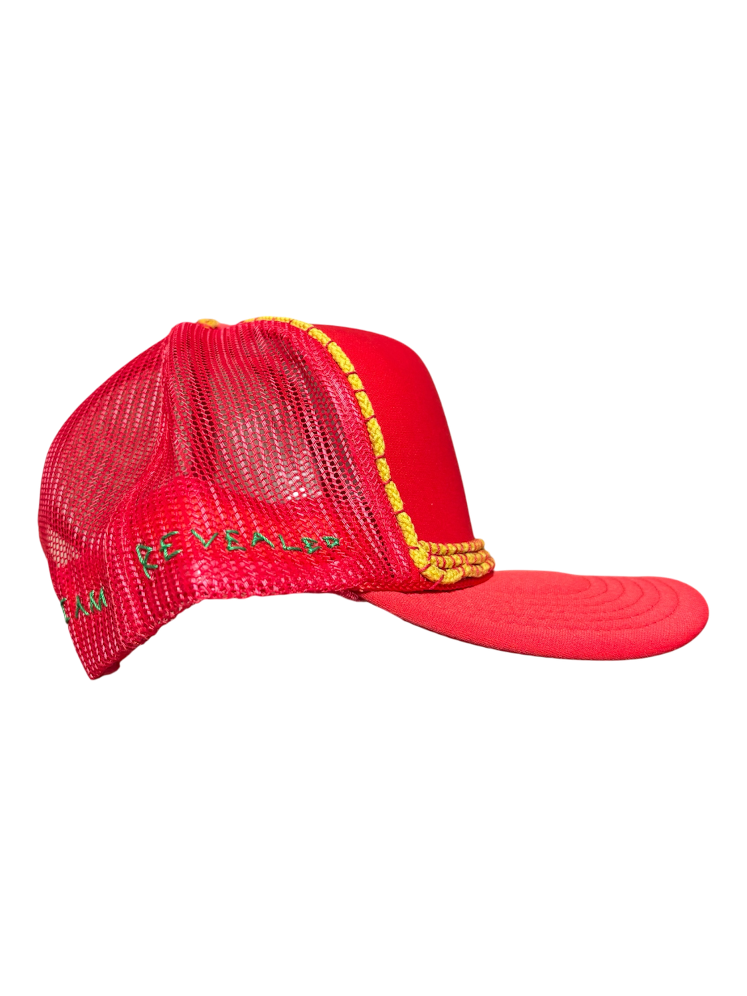 Hand-Embroidered Mixed-Media Sunflower on a Red Strap-back Trucker by Beth Little • Unisex