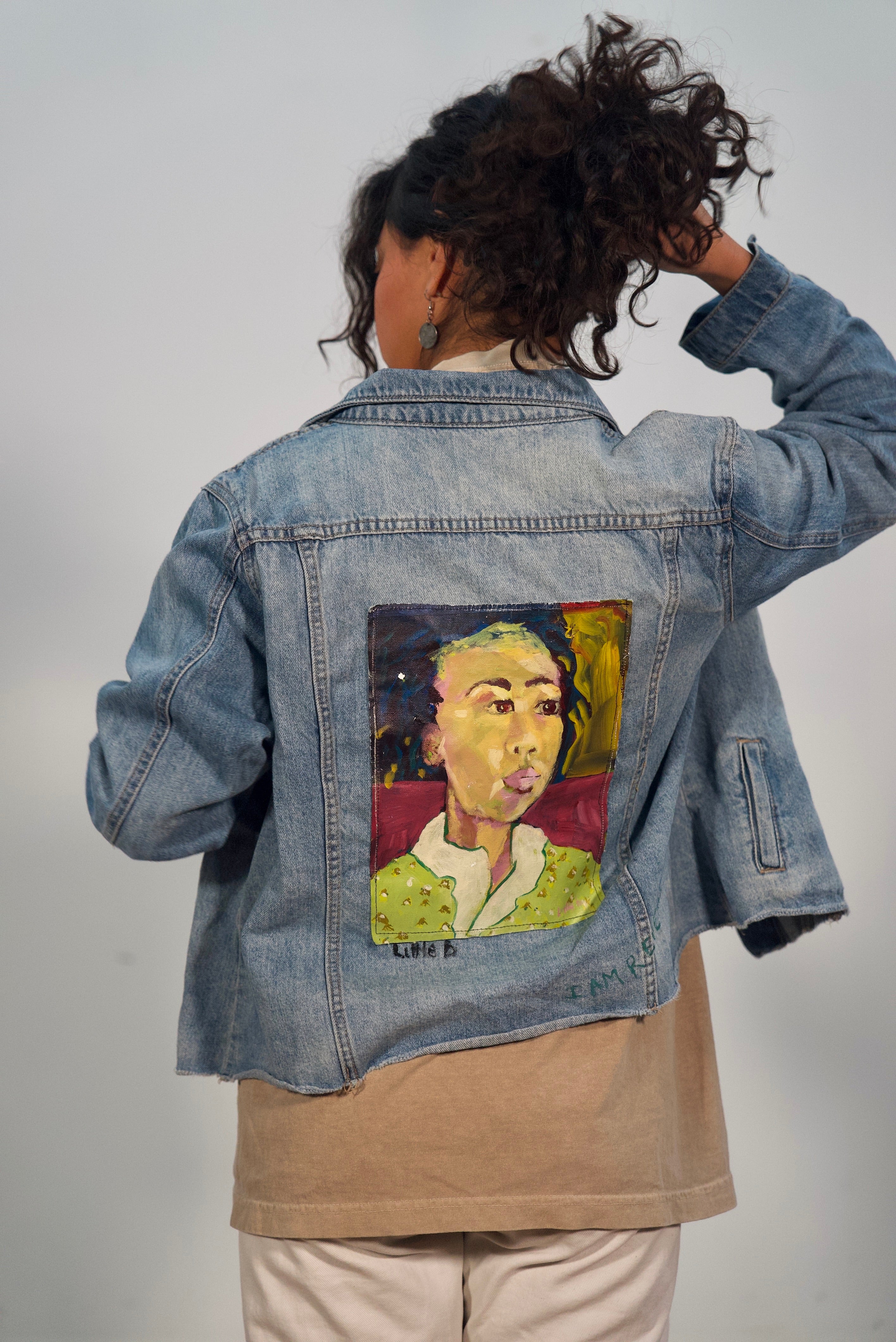 Hand-Painted and Stitched Portrait Design on Denim Jacket by Little b • Unisex • M