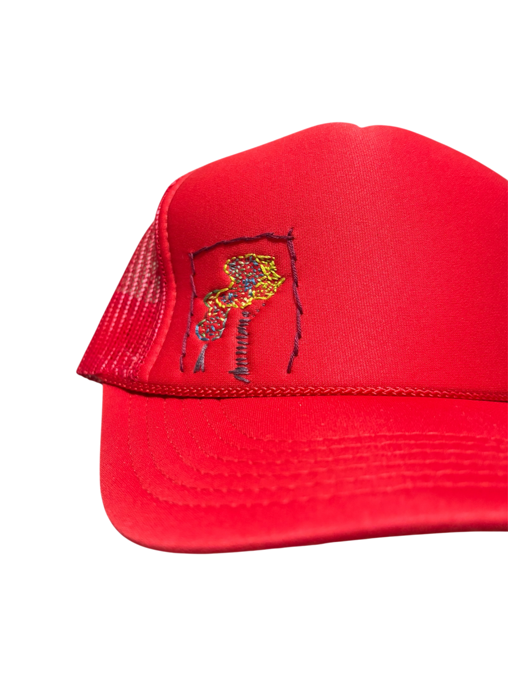 Hand-Embroidered Abstract Flowers on a Red Strap-back Trucker by Beth Little • Unisex