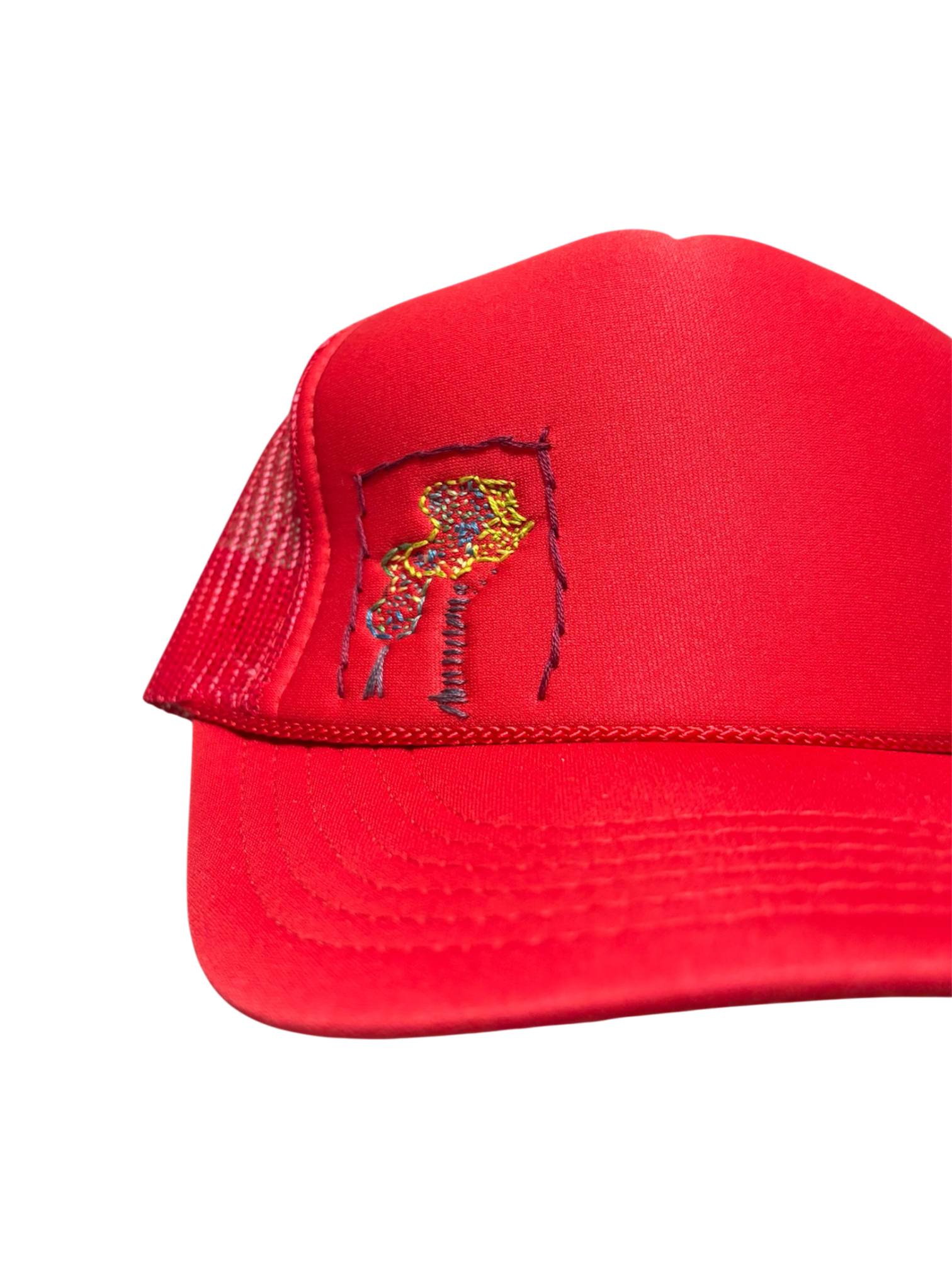 Hand-Embroidered Abstract Flowers on a Red Strap-back Trucker by Beth Little • Unisex
