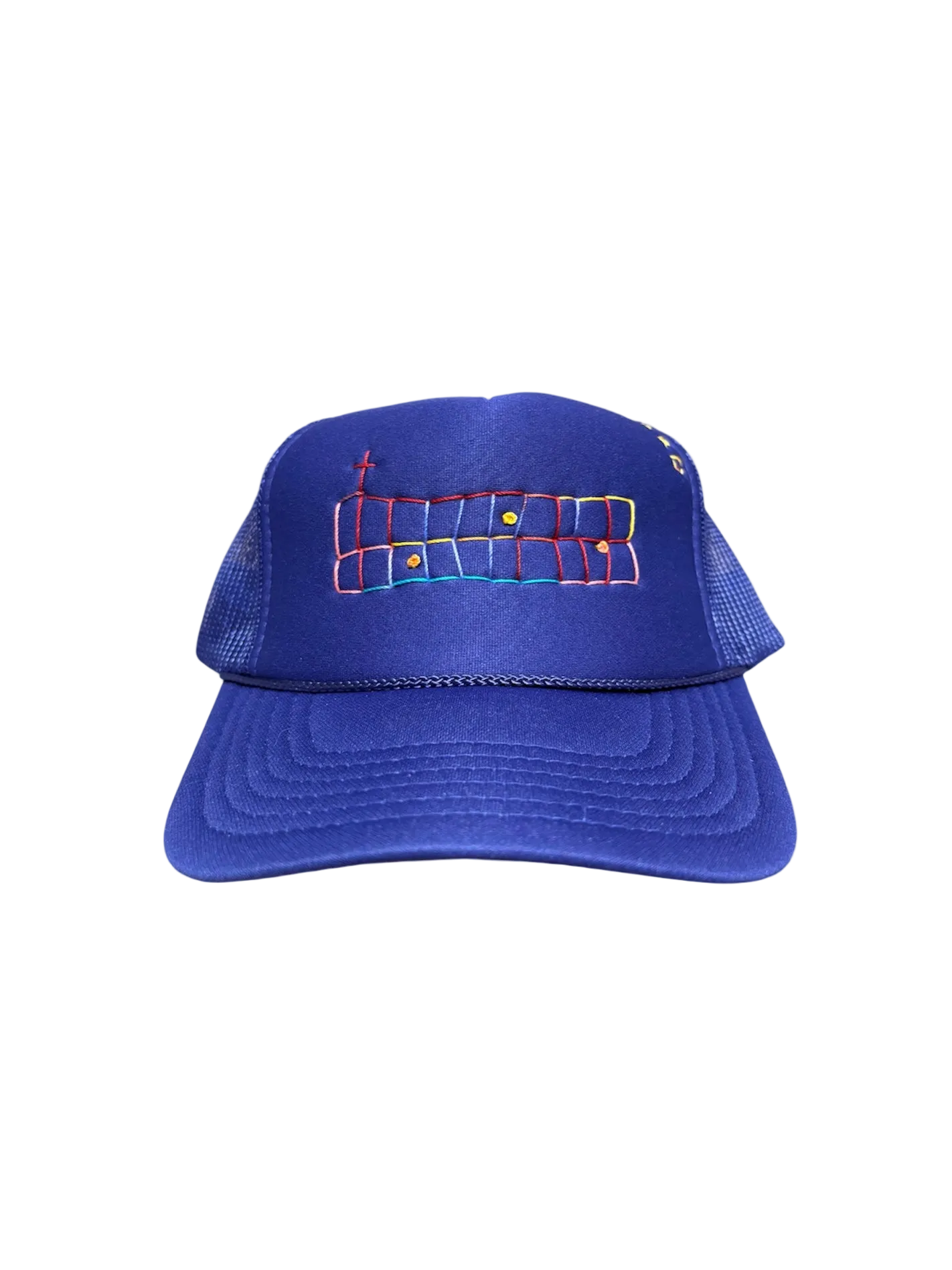 Hand-Embroidered Abstract Cross on a Purple Strap-back Trucker by Beth Little • Unisex