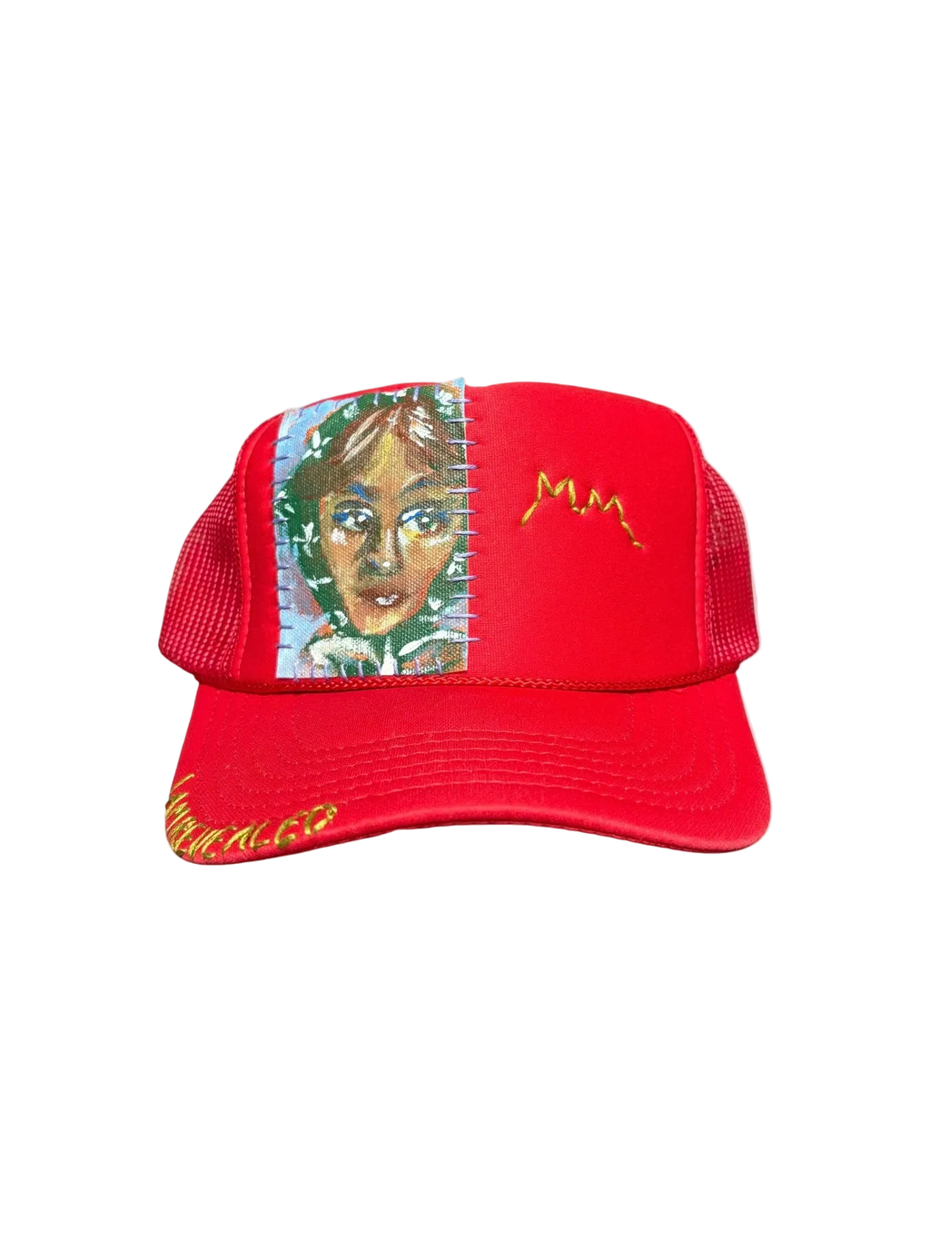 'Made In His Image' Hand-Painted & Embroidered Portrait on a Red Strap-back Trucker by Makenna Morales • Unisex