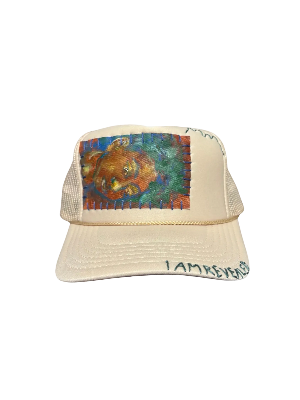 'Made In His Image' Hand-Painted & Embroidered Portrait on a Cream Strap-back Trucker by Makenna Morales • Unisex