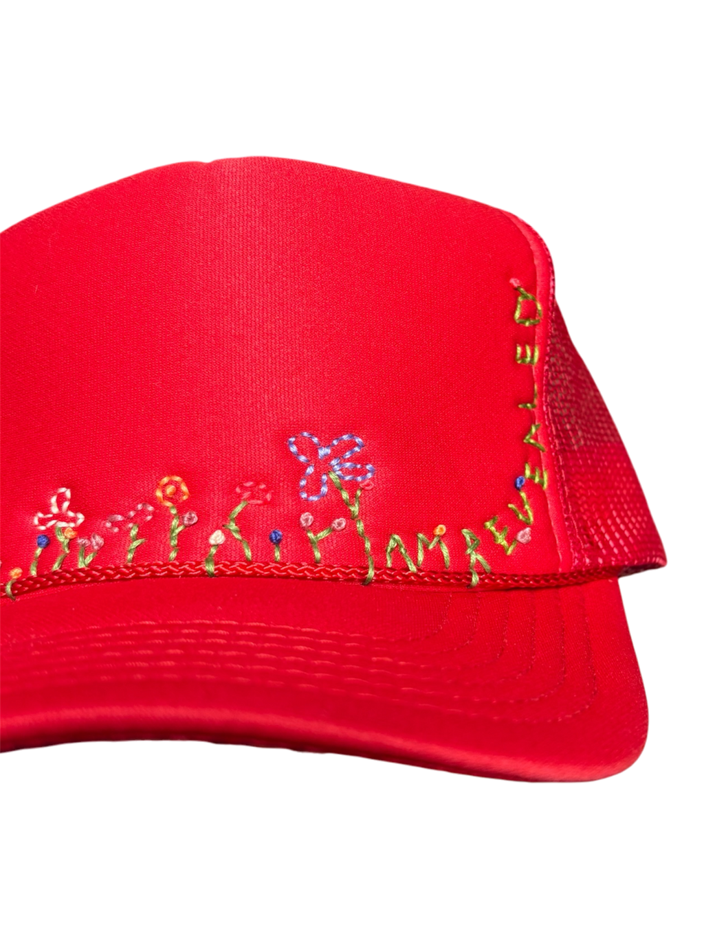 IAR Hand-Embroidered Whimsical Wildflowers on Strap-back Trucker by JBM • Unisex