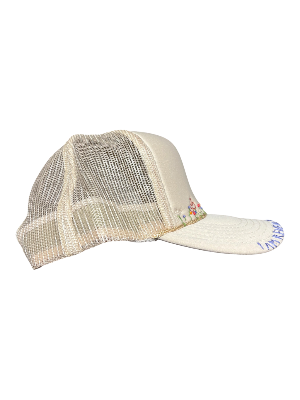 Hand-Embroidered Whimsical ￼Wildflowers on Strap-back Trucker by JBM • Unisex