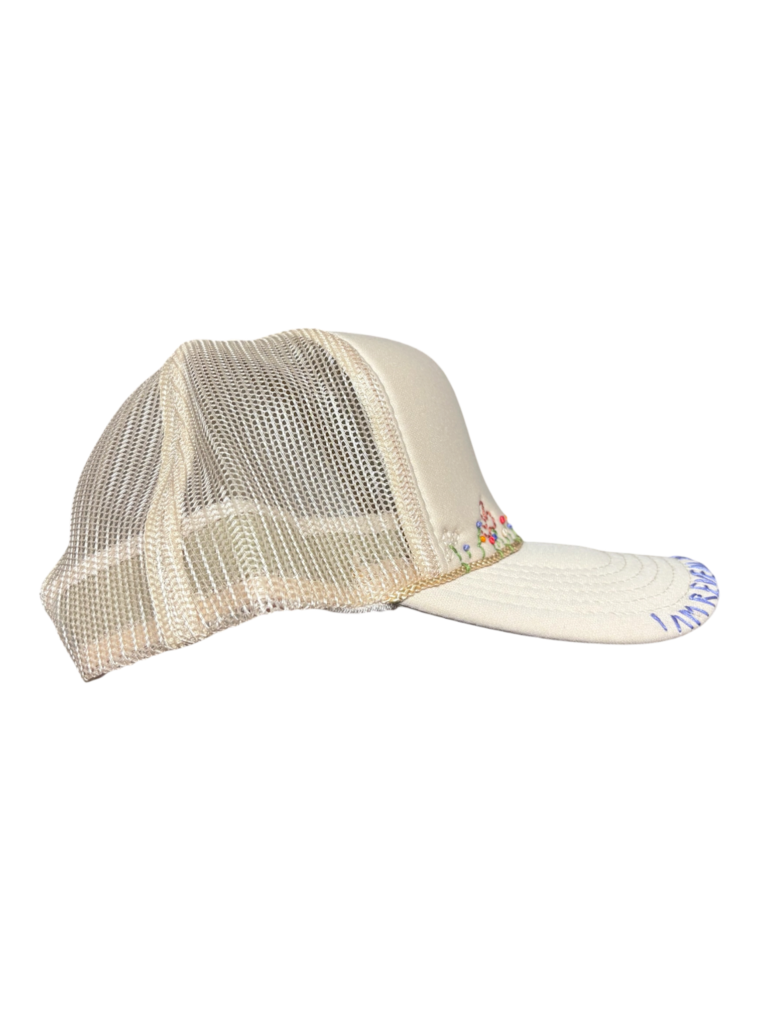 Hand-Embroidered Whimsical ￼Wildflowers on Strap-back Trucker by JBM • Unisex