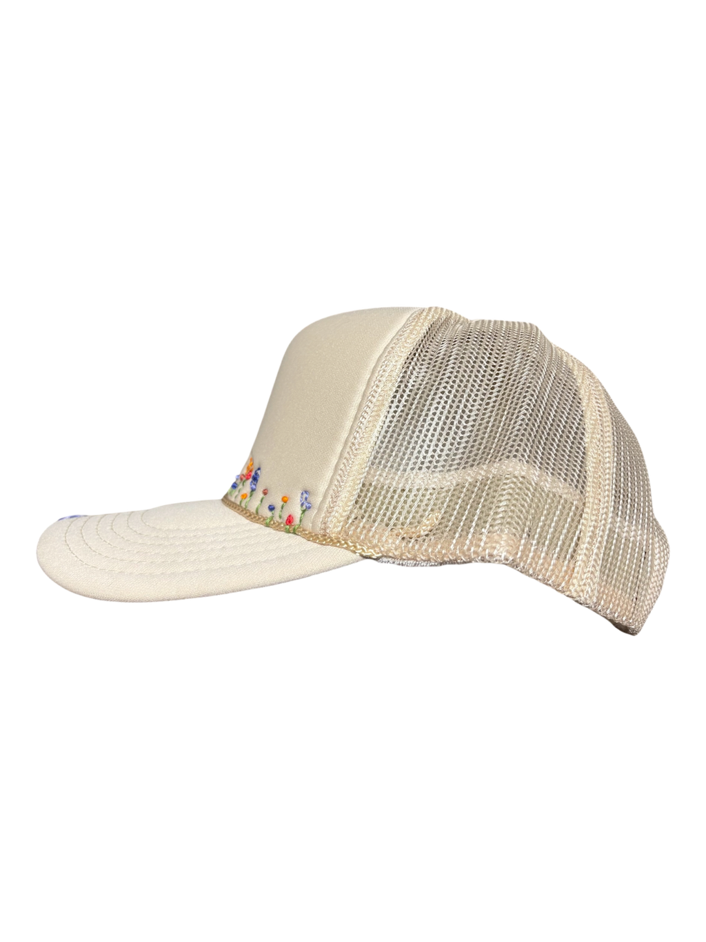 Hand-Embroidered Whimsical ￼Wildflowers on Strap-back Trucker by JBM • Unisex