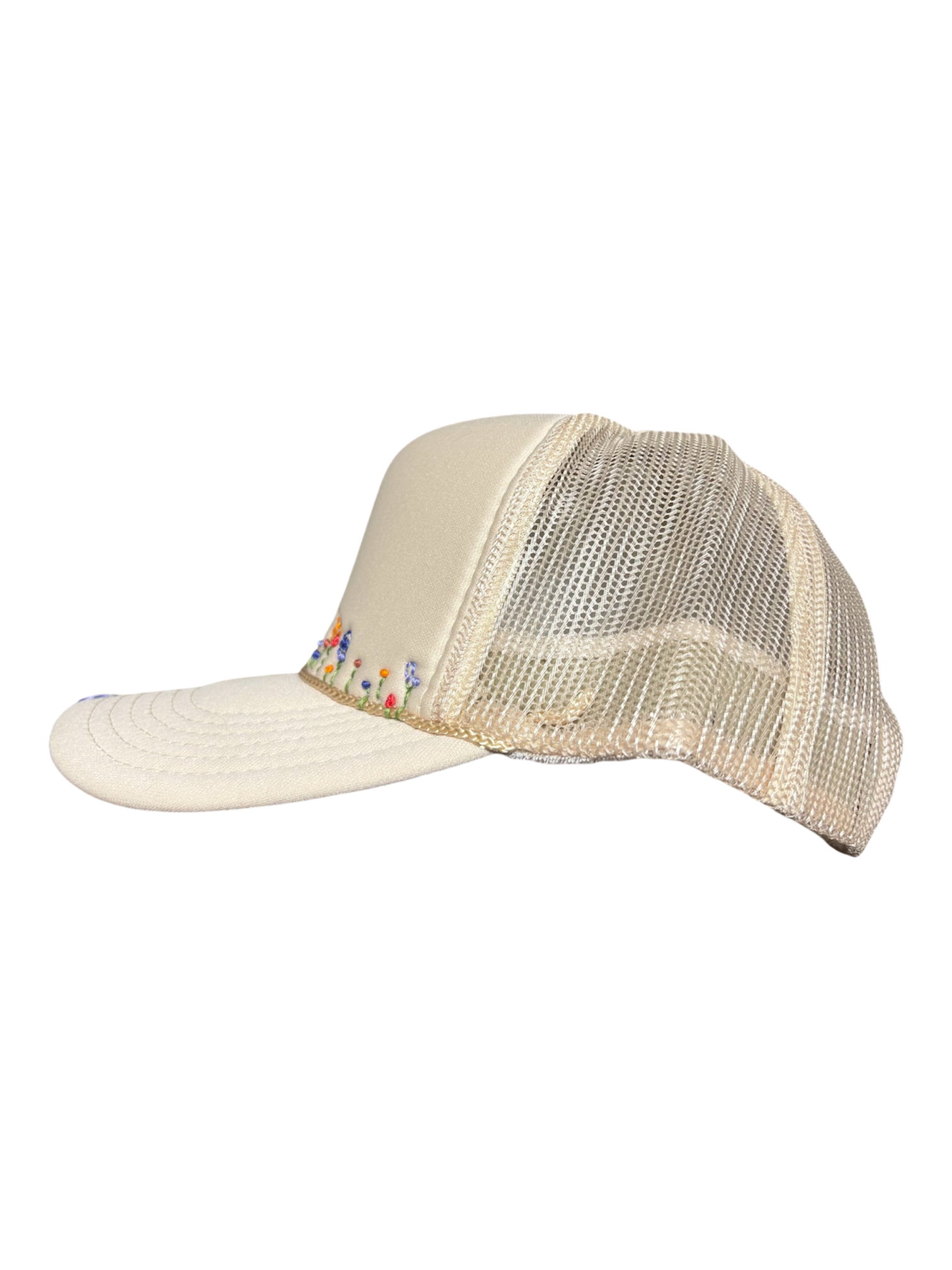 Hand-Embroidered Whimsical ￼Wildflowers on Strap-back Trucker by JBM • Unisex