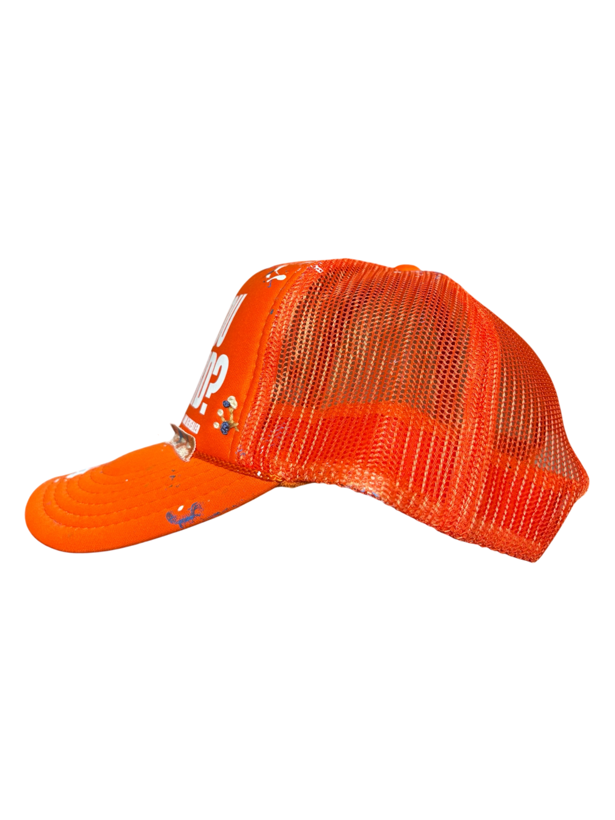 1/1 Hand-Splattered & Stitched Abstract on Orange Trucker
